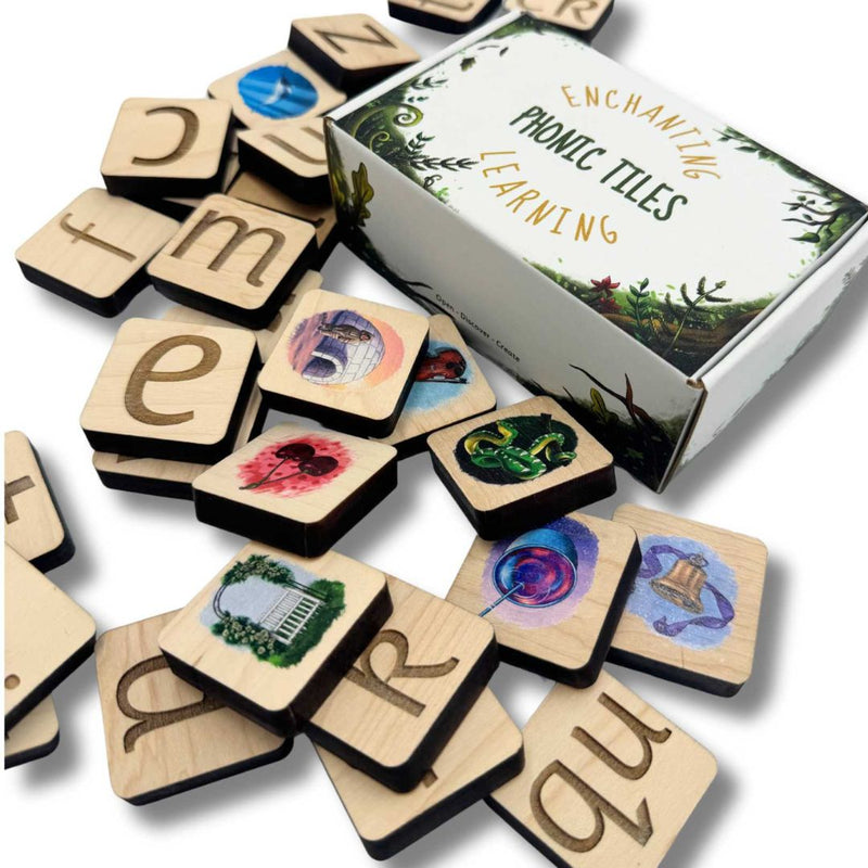 Phonics Wooden Tiles with beautiful illustrations and corresponding sounds scattered cross a table
