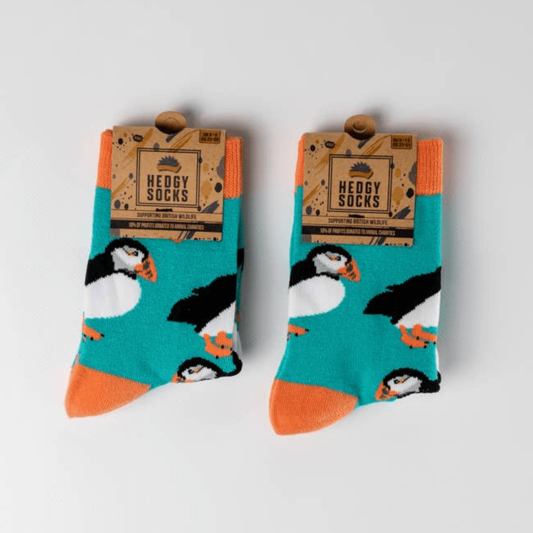 A pair of Hedgy Socks with turquoise background, orange toes and cuffs, and black-and-white puffin prints, shown with cardboard hangers.