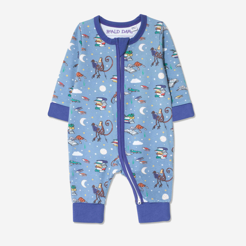 Baby zip Sleepuit with a fun print featuring animals from Roald Dahl stories, including the newt from "Matilda," Alfie the tortoise from "Esio Trot," and Muggle-Wump the monkey from "The Twits". The print is on a forget-me-not background with a purple trim.
