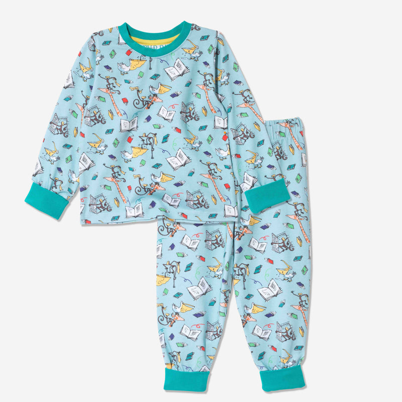 Kids PJs with a fun repeat print inspired by  Roald Dahl's "The Giraffe and the Pelly and Me", with characters leaping from the pages of books. The Pyjamas have an aqua background and turquoise cuffs.