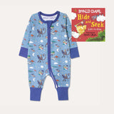 Image of Roald Dahl's 'Hide and Seek' Board Book alongside Ducky Zebra's Roald Dahl Zip-up Sleepsuit with a fun print, featuring animals from various Roald Dahl stories.