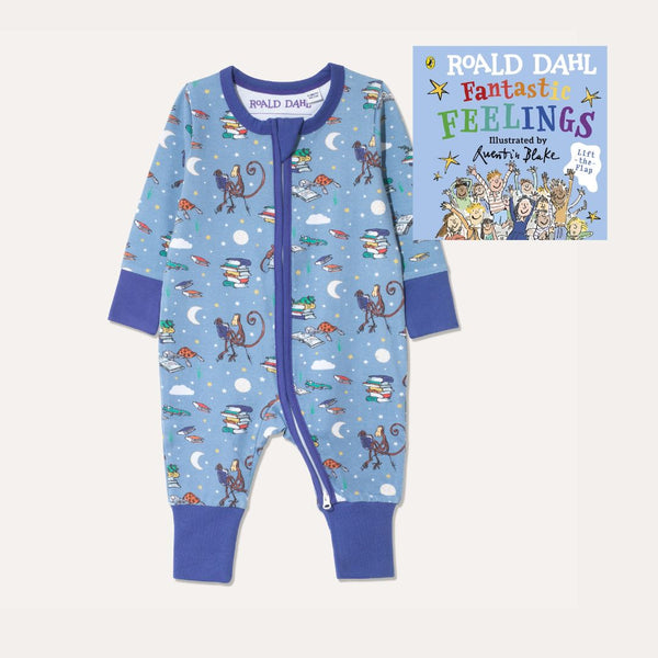 Image of Roald Dahl's 'Fantastic Feelings' Board Book alongside Ducky Zebra's Roald Dahl Zip-up Sleepsuit with a fun print, featuring animals from various Roald Dahl stories.