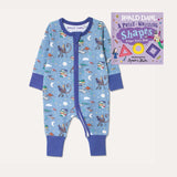 Image of Roald Dahl's 'Phizz-Whizzing Shapes' Board Book alongside Ducky Zebra's Roald Dahl Zip-up Sleepsuit with a fun print, featuring animals from various Roald Dahl stories.