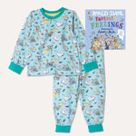 Image of Roald Dahl's 'Fantastic Feelings' board book alongside a pair of Ducky Zebra x Roald Dahl aqua pyjamas with the animals from the Giraffe and the Pelly and Me leaping out of books