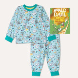 Image of the Giraffe and the Pelly and Me book alongside a pair of Ducky Zebra x Roald Dahl aqua pyjamas with the animals from the Giraffe and the Pelly and Me leaping out of books