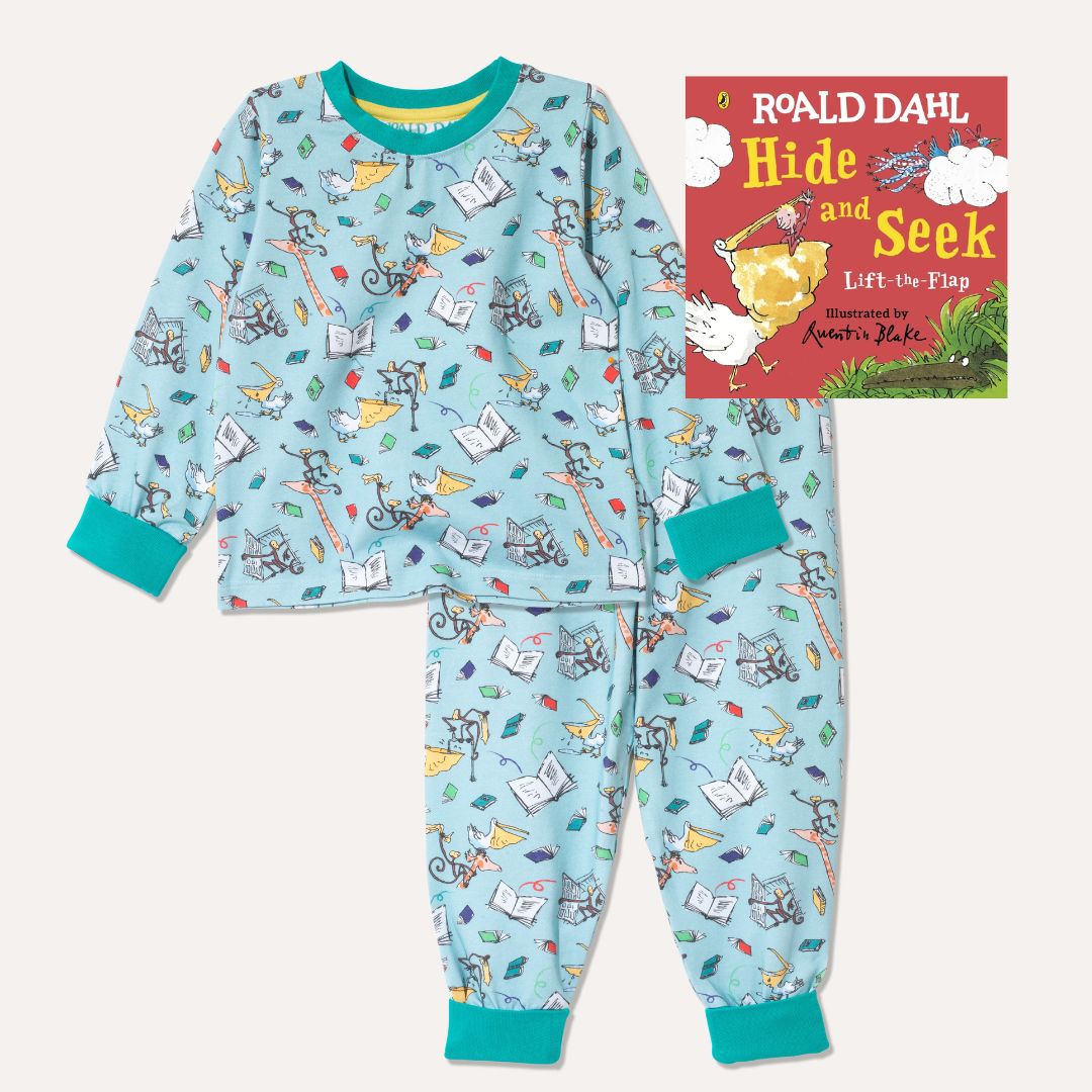 Image of Roald Dahl's 'Hide and Seek' board book alongside a pair of Ducky Zebra x Roald Dahl aqua pyjamas with the animals from the Giraffe and the Pelly and Me leaping out of books