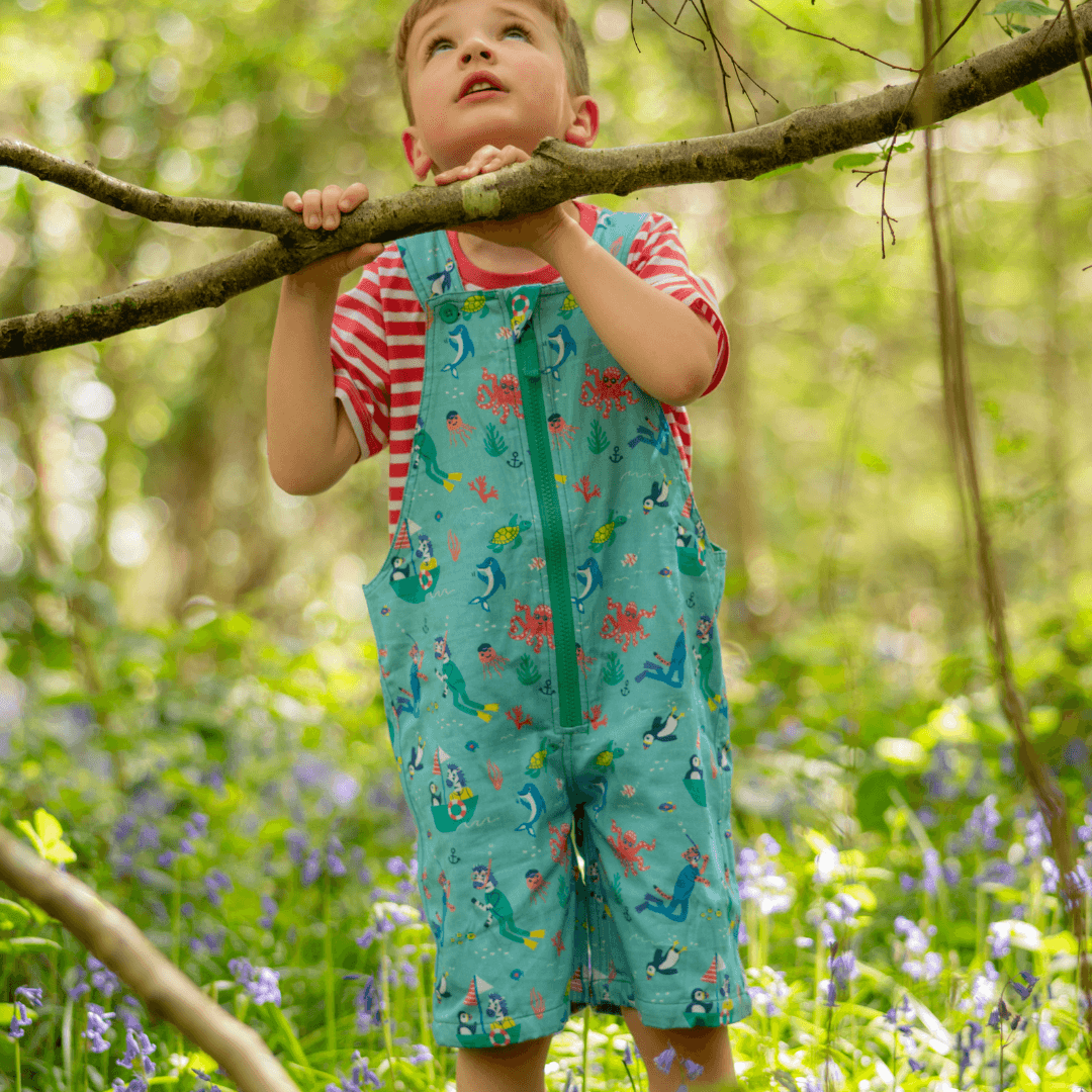 Boy standing in a wood, looking up to the sky wearing a coral striped t-shirt and light blue short dungarees with a green zip and ocean-themed print