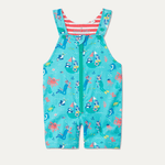 Children's blue short dungarees with a green zip and an ocean-themed print - including a sailing puffin and zebra, and a scuba diving cheetah and zebra
