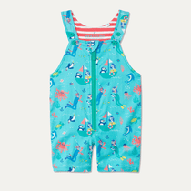 Children's blue short dungarees with a green zip and an ocean-themed print - including a sailing puffin and zebra, and a scuba diving cheetah and zebra