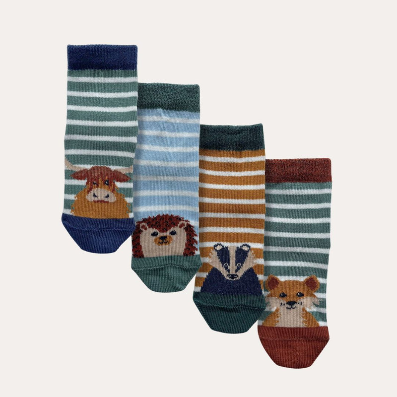 pack of 4 baby socks with a cow, hedgehog, badger and fox on each pair