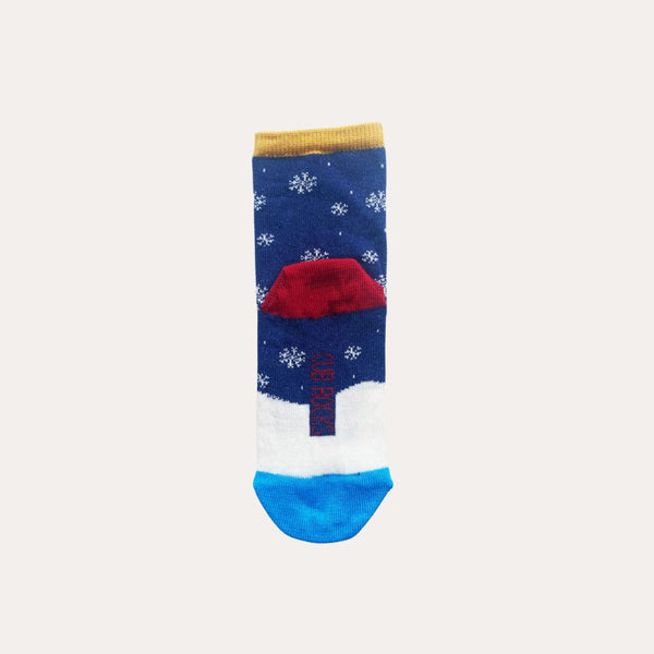 The back of the festive bear kids socks with a blue background and snowflakes