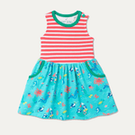 Sleeveless Kids' Dress with a coral and white striped top half and a blue 'under the sea' nautical-themed bottom half. The dress has two pockets with a green trim