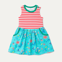 Sleeveless Kids' Dress with a coral and white striped top half and a blue 'under the sea' nautical-themed bottom half. The dress has two pockets with a green trim