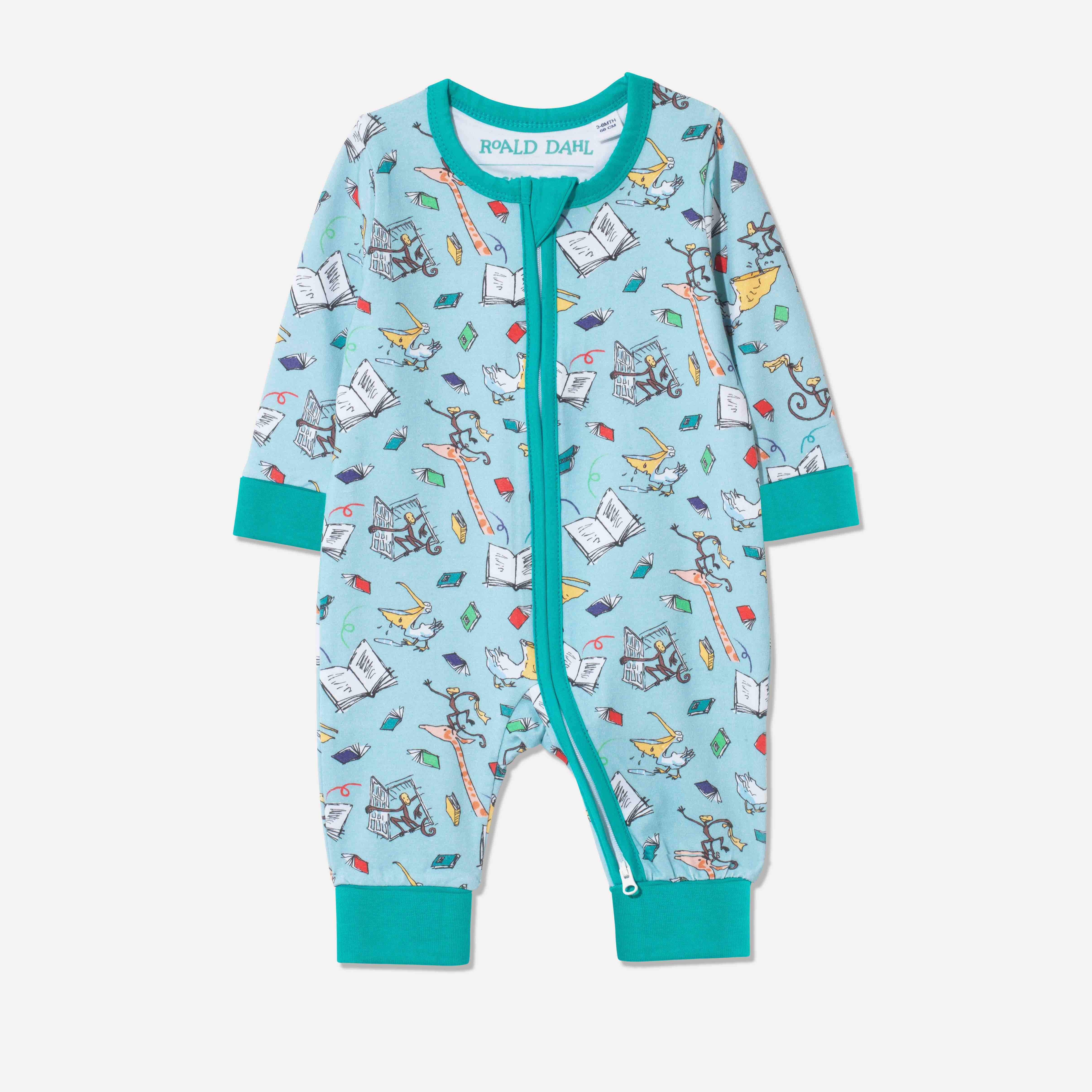 Organic cotton zip-up baby sleepsuit, with a fun print, featuring characters from "The Giraffe and the Pelly and Me" leaping from the pages. The print is on a light aqua background with a turquoise trim. 