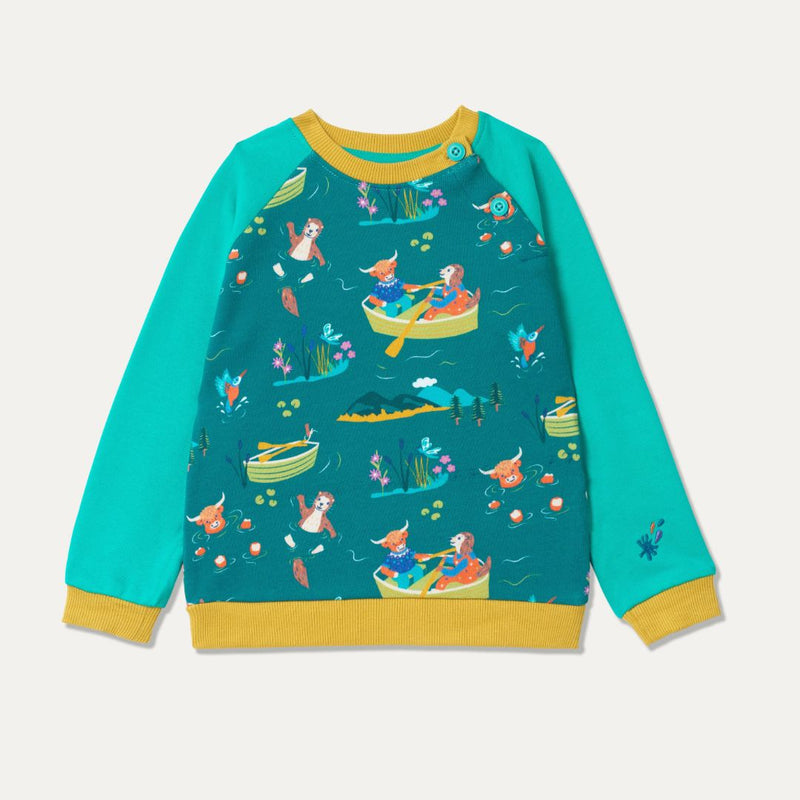 Teal Kids Sweatshirt with a fun repeat print of a highland cow, otter and king fisher wild swimming and rowing. The sweatshirt has teal sleeves and a mustard yellow trim. 
