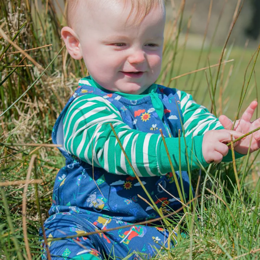 Child in a colorful outfit sitting in tall grass
