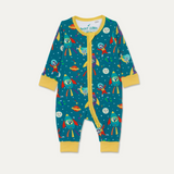 Ducky Zebra Unisex Sleepsuit with a teal background and yellow cuffs. The sleepsuit has a yellow two-way zip and the fabric has a fun space print, with images of a zebra, elephant, duck and puffin dressed up in space outfits and travelling in rockets.
