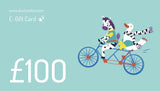 Image of a turquoise Ducky Zebra E-gift voucher with the value £100 written and a picture of a duck and zebra riding a bicycle together