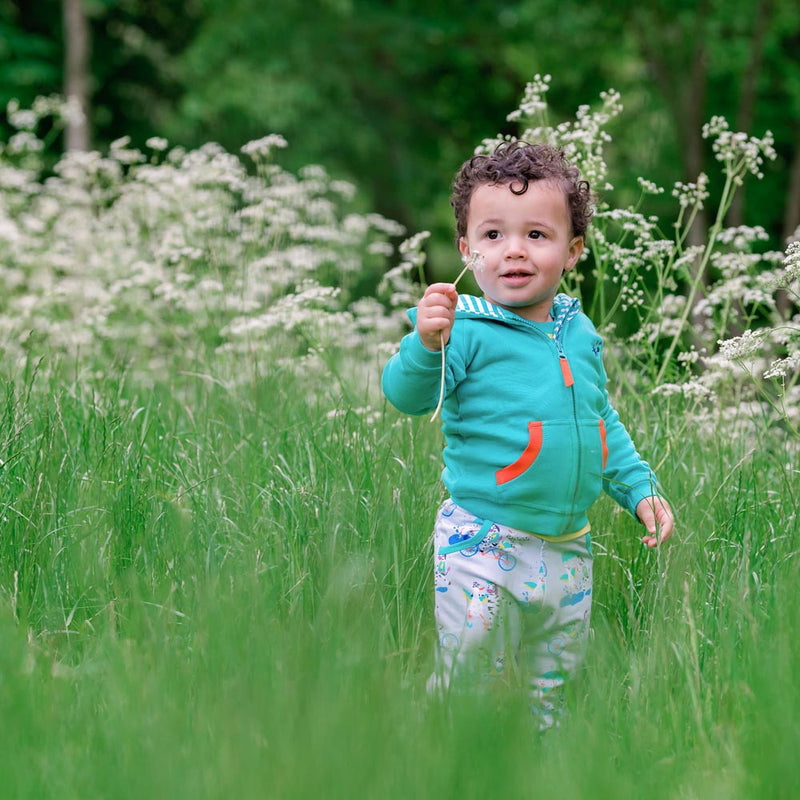 Image of a toddler standing in the long grass, wearing a Ducky Zebra turquoise hoody and trousers