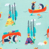 Close up of a colourful unisex Ducky Zebra jumper, with a dog and hedgehog working as a team as they go on a canoeing and camping trip