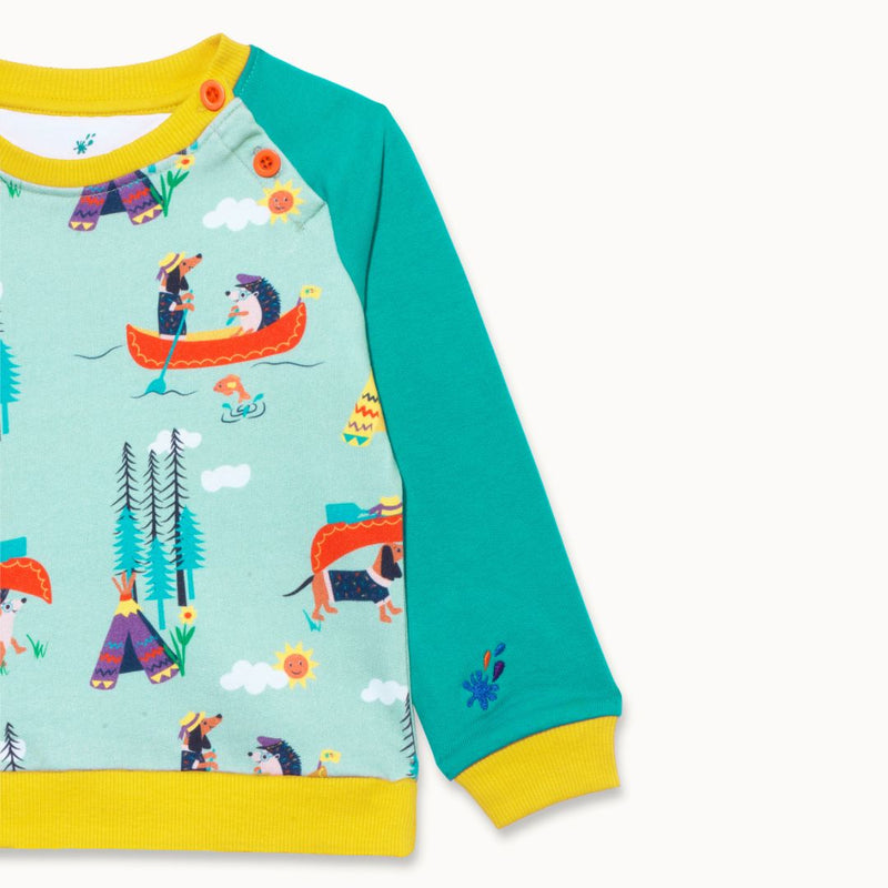 Image of a Ducky Zebra unisex jumper with a repeat print of a dog and hedgehog canoeing and camping together. The sweatshirt has a pale green background, turquoise sleeves, a yellow trim and two orange buttons on the neck for easy dressing.