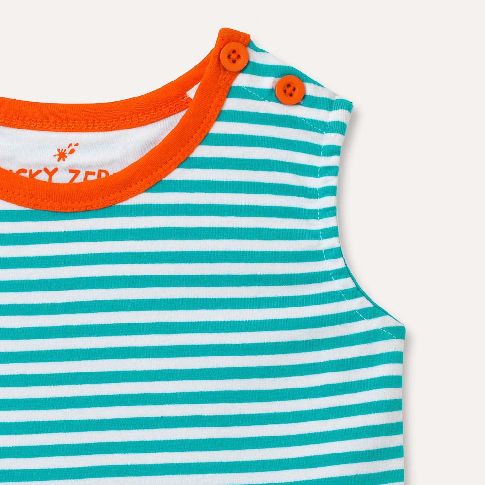 Image of Ducky Zebra sleeveless kids dress, focusing on the neck opening, with two orange buttons for easy dressing