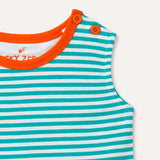 Image of Ducky Zebra sleeveless kids dress, focusing on the neck opening, with two orange buttons for easy dressing