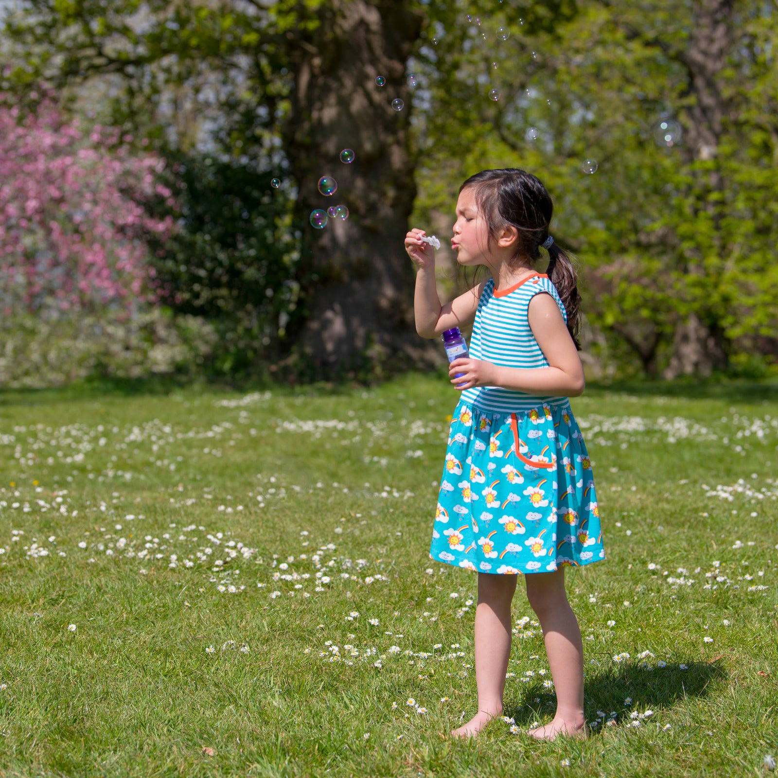 Organic Cotton Kids Dress With Pockets Rainbow Print Ducky Zebra