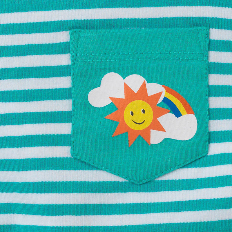 Image of a turquoise stripe baby and kids t-shirt, with a focus on the turquoise pocket with a sun, cloud and rainbow print
