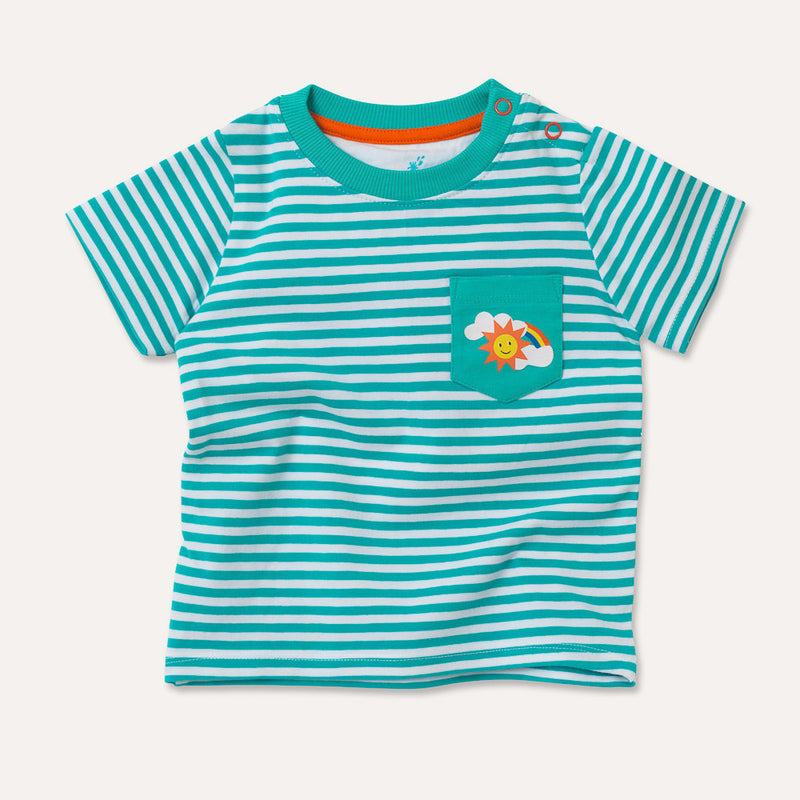 Image of a turquoise stripe baby and kids t-shirt, with two orange poppers on the shoulder and a turquoise pocket on the chest with a sun, cloud and rainbow print