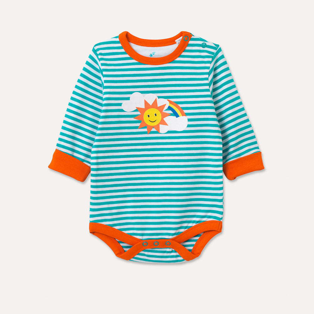 Image of long sleeve turquoise stripe bodysuit with flame orange trim and roll-up arm cuffs. The image shows the front of the bodysuit, including two turquoise poppers on the neck, three turquoise poppers on the crotch and a sun, rainbow and cloud print on the chest