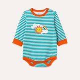 Image of long sleeve turquoise stripe bodysuit with flame orange trim and roll-up arm cuffs. The image shows the front of the bodysuit, including two turquoise poppers on the neck, three turquoise poppers on the crotch and a sun, rainbow and cloud print on the chest