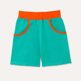 Image of baby and kids turquoise shorts with two deep pockets and an elasticated orange waistband