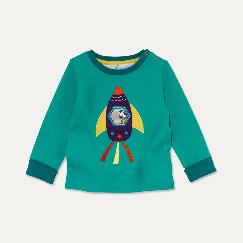 Turquoise Kids' long-sleeve top with a teal trim and a colourful rocket with a zebra and elephant peeking out of the window.