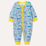 Image of a long sleeve zip-up unisex baby romper with a light grey background and colourful repeat print pattern of a duck and zebra splashing in a puddle, riding a bicycle and running a three legged race. The images shows bright yellow cuffs, trim and a two way zip