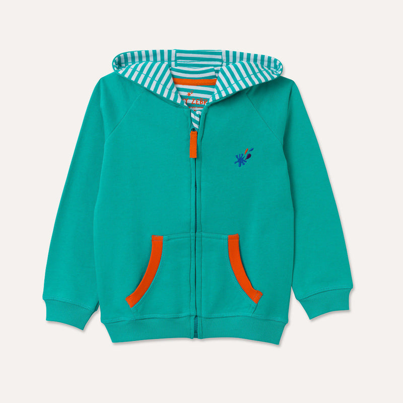 Image of turquoise hoody with flame orange zip pull, front kangaroo pockets and embroidered splash motif on the right hand side of the chest