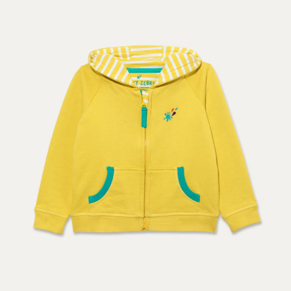 Yellow Ducky Zebra Hoodie with a Turquoise Zip pull and pocket trim and an embroidered splash power button on chest. The hood lining is a yellow and white stripe.