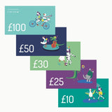 Image of five ducky zebra E-Gift vouchers together with the following denominations: £10, £25, £30, £50 and £100