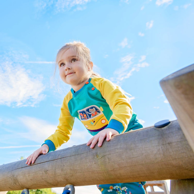 Girl at the top of a climbing frame wearing a colourful unisex jumper with an Appliqué of a fox and elephant driving a yellow campervan 