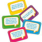 Image of five of the Happy Confident Me Conversation cards. The question on one of the five cards includes  "Share one thing you appreciate about each member of the family" 