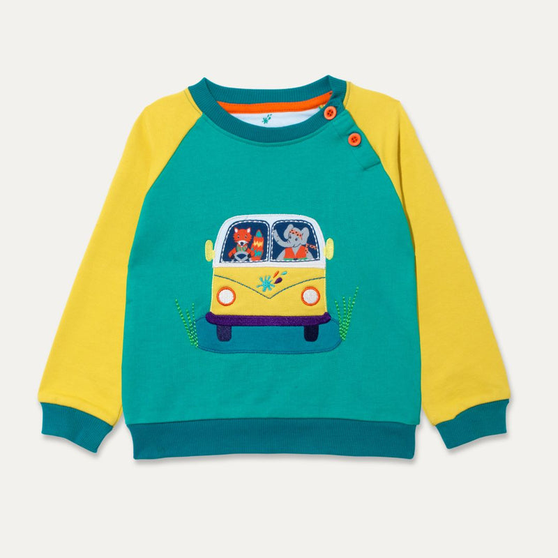 Image of a Ducky Zebra unisex sweatshirt with a turquoise background and an an Appliqué of a fox and elephant driving a yellow campervan on the front. The jumper has yellow arms and a teal trim with orange buttons.