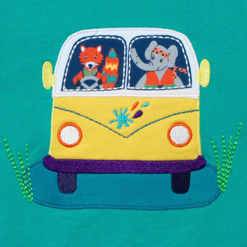 Colourful Appliqué of a fox and elephant driving a yellow campervan. The campervan has the Ducky Zebra splash motif embroidered on the front. 