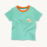 Image of a light green Ducky Zebra t-shirt with a contrasting orange trim on the neck. The t-shirt has a front pocket on the right hand side with a fun rainbow print. 