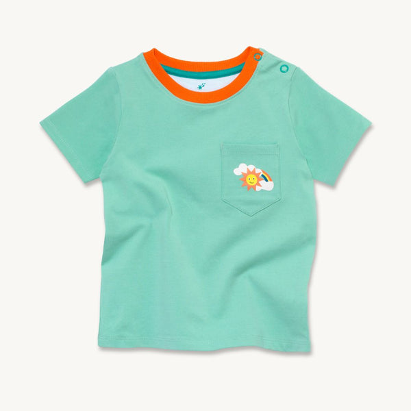 Image of a light green Ducky Zebra t-shirt with a contrasting orange trim on the neck. The t-shirt has a front pocket on the right hand side with a fun rainbow print. 