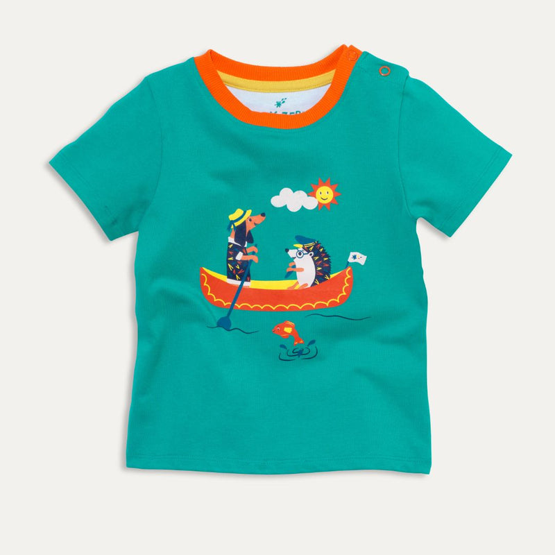 Image of a turquoise Ducky Zebra t-shirt with a contrasting orange trim and a print of a hedgehog and sausage dog rowing a boat on the front.