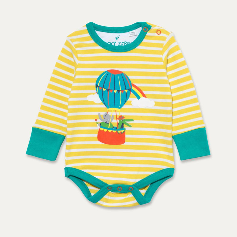 Image of a Ducky Zebra yellow and white stripe baby bodysuit with a turquoise trim and cuffs. The bodysuit has an image of a hot air balloon on the centre front, with a crocodile and elephant in the basket. 