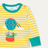 Close up of a Ducky Zebra yellow and white stripe baby bodysuit with a turquoise trim and cuffs. The bodysuit has an image of a hot air balloon on the centre front, with a crocodile and elephant in the basket. 